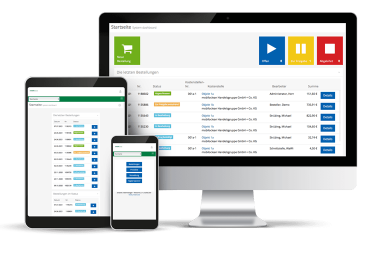 mobiloclean Ordermanager Bestellsystem auf Desktop, Tablet und Smartphone